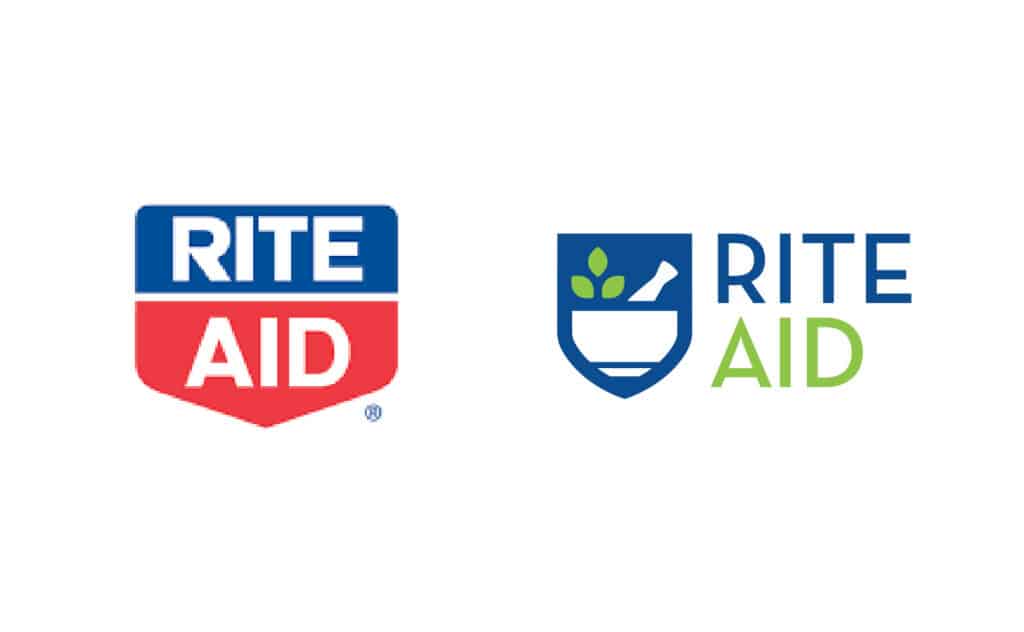 Rite Aid logo showing the old red logo vs the blue and green new logo by Stellen Design Branding Agency in Los Angeles CA
