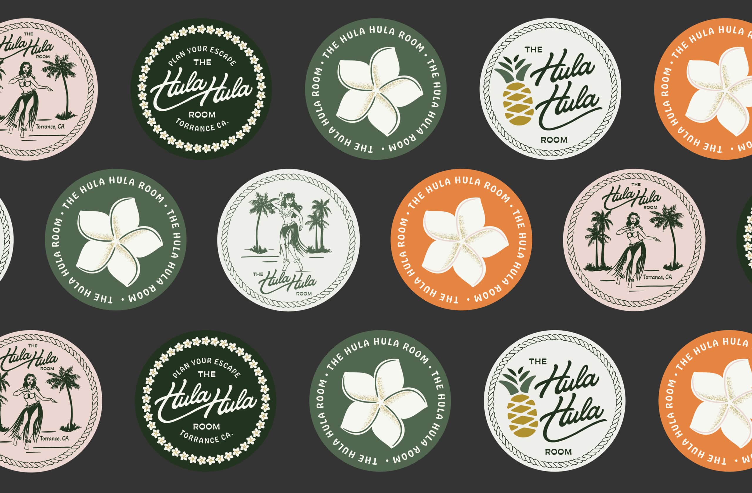 Coasters for The Hula Hula Room Tiki Bar in Torrance California designed by Stellen Design logo design and branding agency in Los Angeles California specializing in logo design for hospitality brands