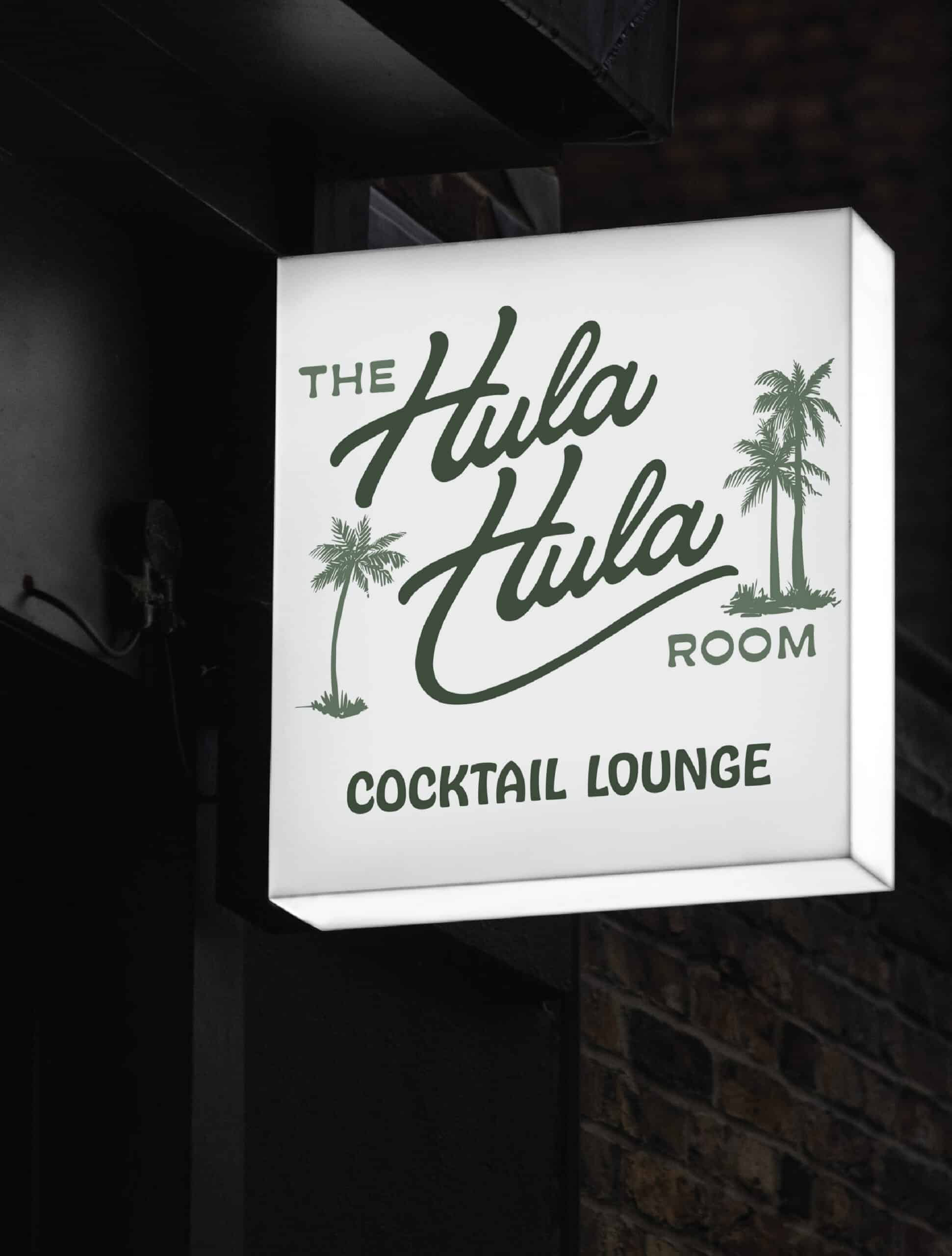 The Hula Hula Room in Torrance California Tiki Bar Branding by Stellen Design branding and logo design agency in Los Angeles specializing in hospitality branding custom script logo design light box design