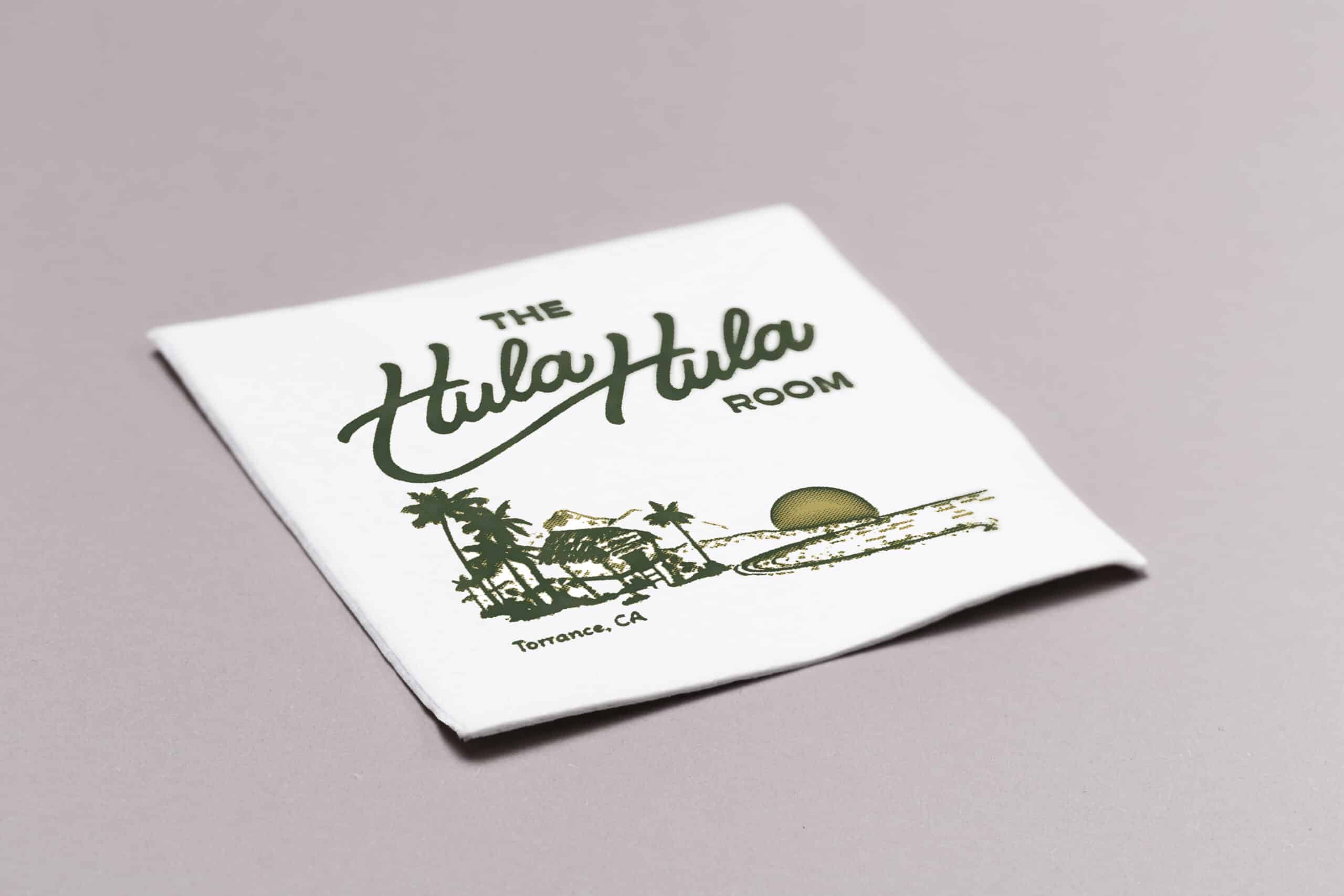 Cocktail Napkins for The Hula Hula Room Tiki Bar in Torrance California designed by Stellen Design logo design and branding agency in Los Angeles California specializing in logo design for hospitality brands