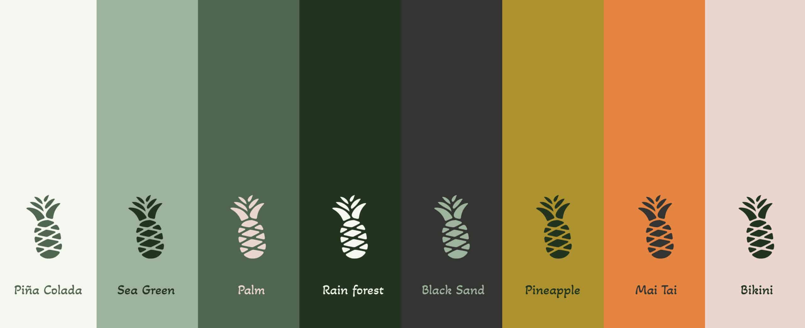 Color Pallet for The Hula Hula Room Tiki Bar in Torrance California designed by Stellen Design logo design and branding agency in Los Angeles California specializing in logo design for hospitality brands