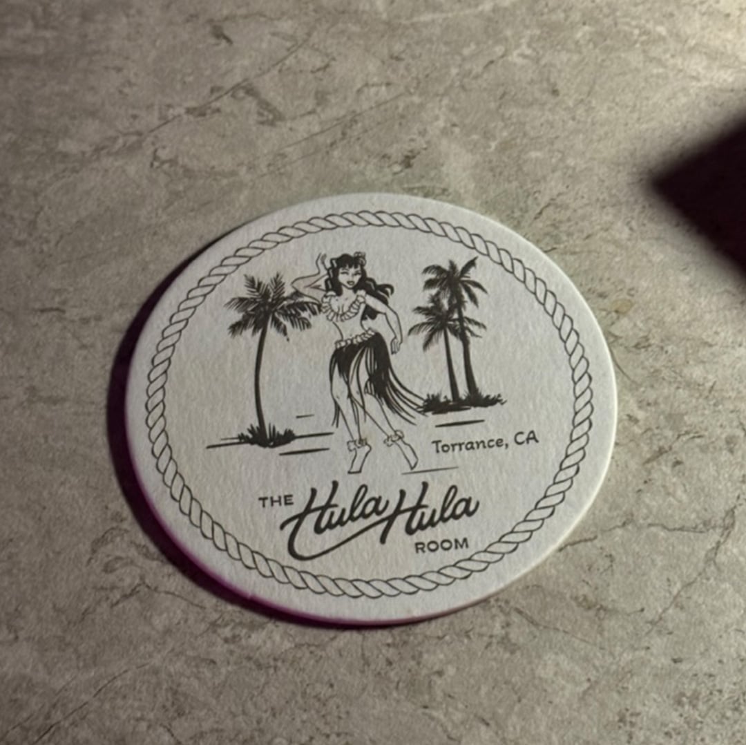 Logo Design in a coasters for The Hula Hula Room Tiki Bar in Torrance California designed by Stellen Design logo design and branding agency in Los Angeles California specializing in logo design for hospitality brands