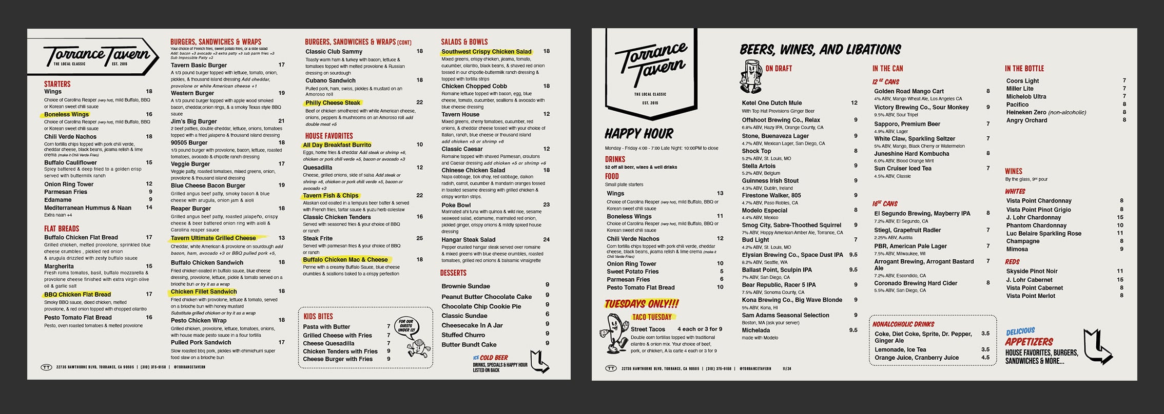 Menu Design for Torrance Tavern By Stellen Design Restaurant Branding Agency in Los Angeles