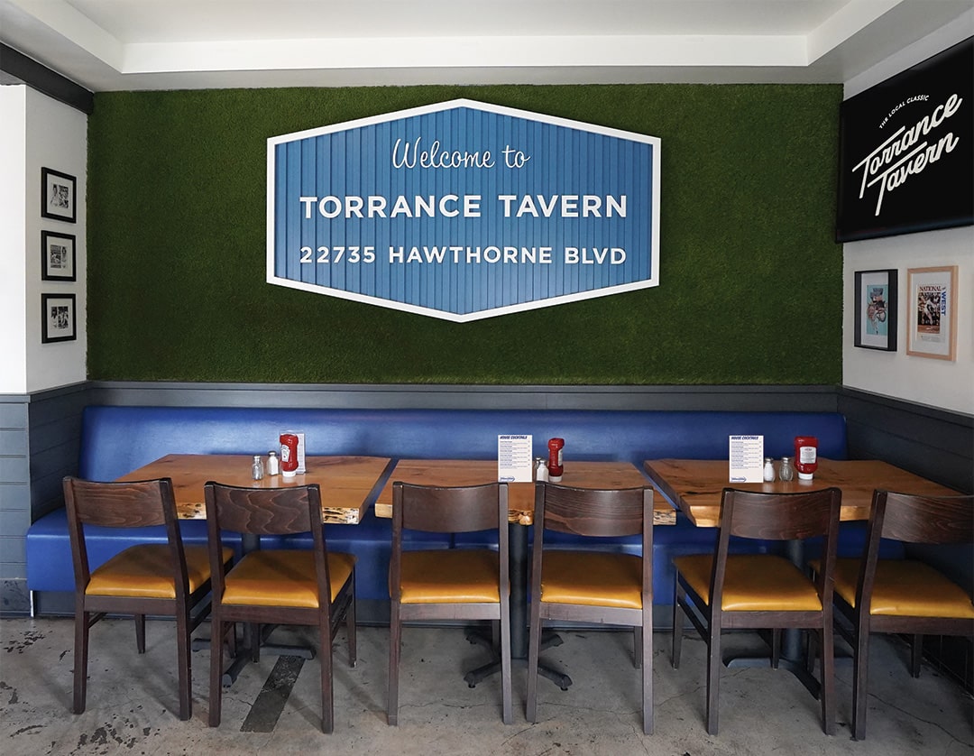 Torrance Tavern Bar and Restaurant with a Dodger Sign designed by Stellen Design Hospitality Branding Agency in Los Angeles California